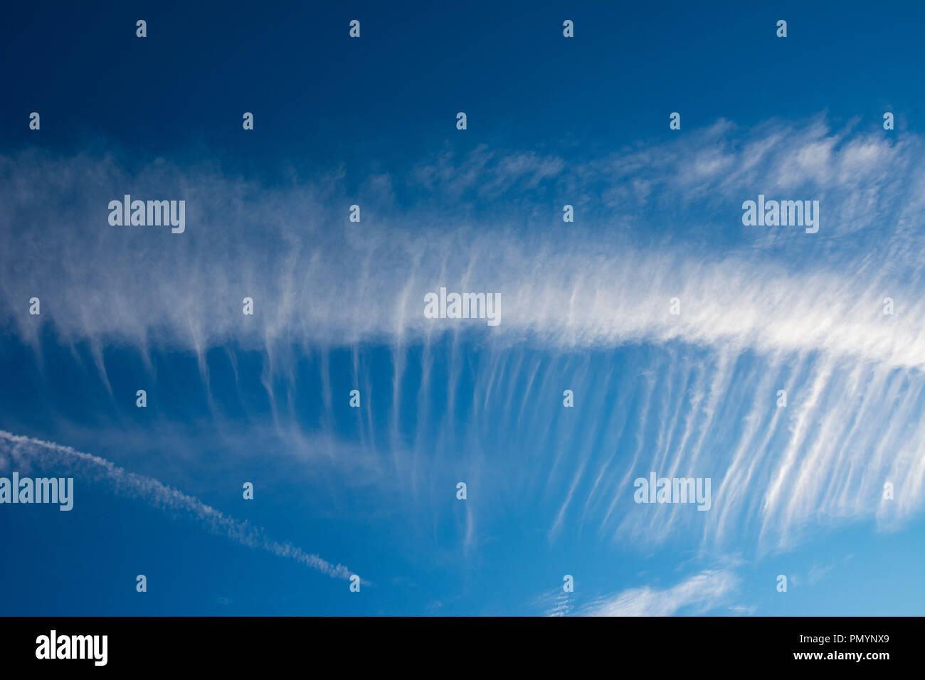 Wispy Cirrus cloud formations against a deep blue sky. Stock Photo