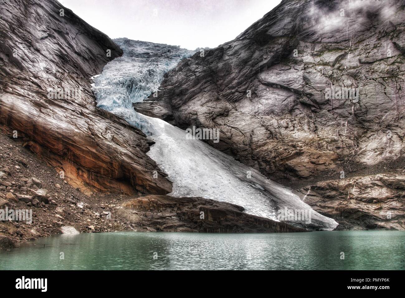 The Briksdal Glacier and Lake Briksdalsbrevatnet in the Jostedalsbreen National Park, Norway, Scandinavia, Europe Stock Photo