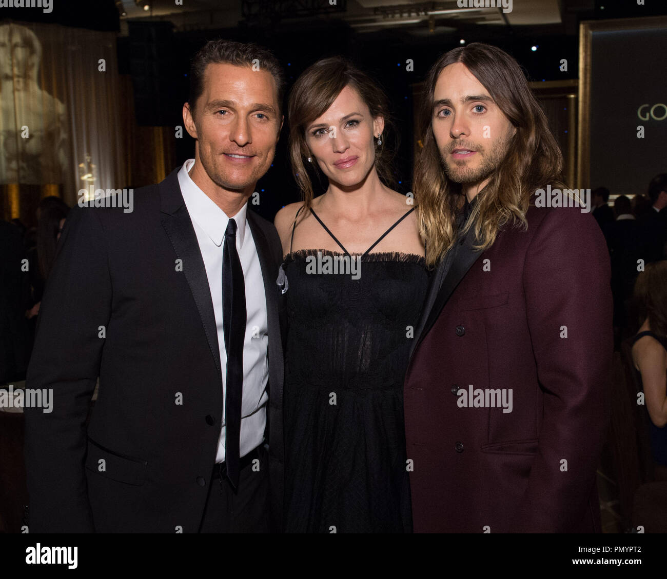 Actor Matthew McConaughey (left), Jennifer Garner (center) and Jared Leto attend the 5th Annual Governors Awards at The Ray Dolby Ballroom at Hollywood & Highland Center® in Hollywood, CA, on Saturday, November 16, 2013.  File Reference # 32184 004  For Editorial Use Only -  All Rights Reserved Stock Photo