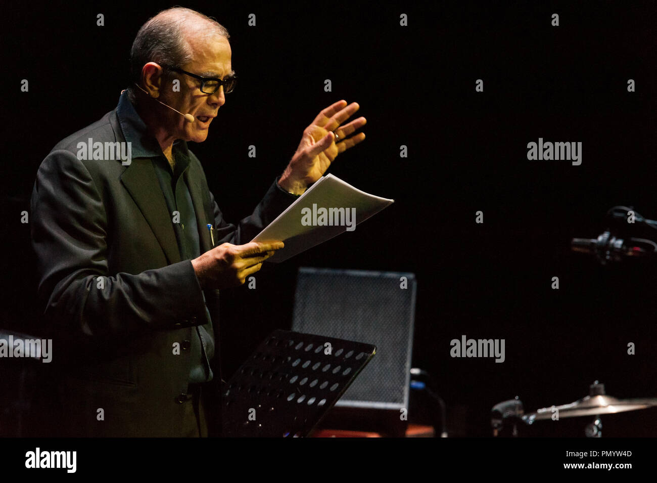 Danilo Rea at the piano and Urbano Barberini, narrator, presented on 18/9/2018 at the Auditorium Parco della Musica in Rome at the Franco-Italian Festival of jazz and improvised music 'Una striscia di Terra Feconda', the pièce by Nello Trocchia (journalist and writer threatened by the Camorra for his own writings), 'The ruins of Hadrian'. Voice narrator Urbano Barberini, who interacted with the improvisations of the pianist Danilo Rea. The pièce tells of an important victory of civil society on business policy, which had planned to build a landfill at the Hadrian's Villa, Unesco site. Urbano B Stock Photo