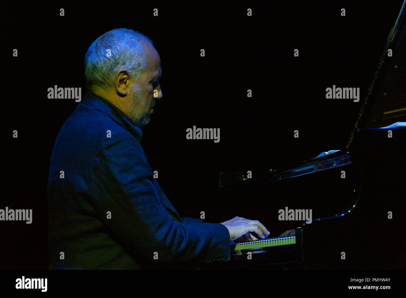Danilo Rea at the piano and Urbano Barberini, narrator, presented on 18/9/2018 at the Auditorium Parco della Musica in Rome at the Franco-Italian Festival of jazz and improvised music 'Una striscia di Terra Feconda', the pièce by Nello Trocchia (journalist and writer threatened by the Camorra for his own writings), 'The ruins of Hadrian'. Voice narrator Urbano Barberini, who interacted with the improvisations of the pianist Danilo Rea. The pièce tells of an important victory of civil society on business policy, which had planned to build a landfill at the Hadrian's Villa, Unesco site. Danilo R Stock Photo