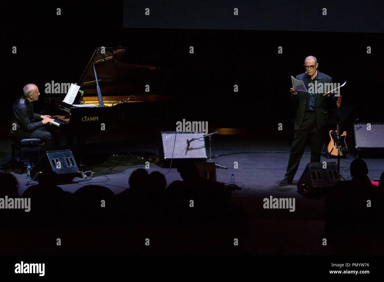 Danilo Rea at the piano and Urbano Barberini, narrator, presented on 18/9/2018 at the Auditorium Parco della Musica in Rome at the Franco-Italian Festival of jazz and improvised music 'Una striscia di Terra Feconda', the pièce by Nello Trocchia (journalist and writer threatened by the Camorra for his own writings), 'The ruins of Hadrian'. Voice narrator Urbano Barberini, who interacted with the improvisations of the pianist Danilo Rea. The pièce tells of an important victory of civil society on business policy, which had planned to build a landfill at the Hadrian's Villa, Unesco site. Danilo R Stock Photo