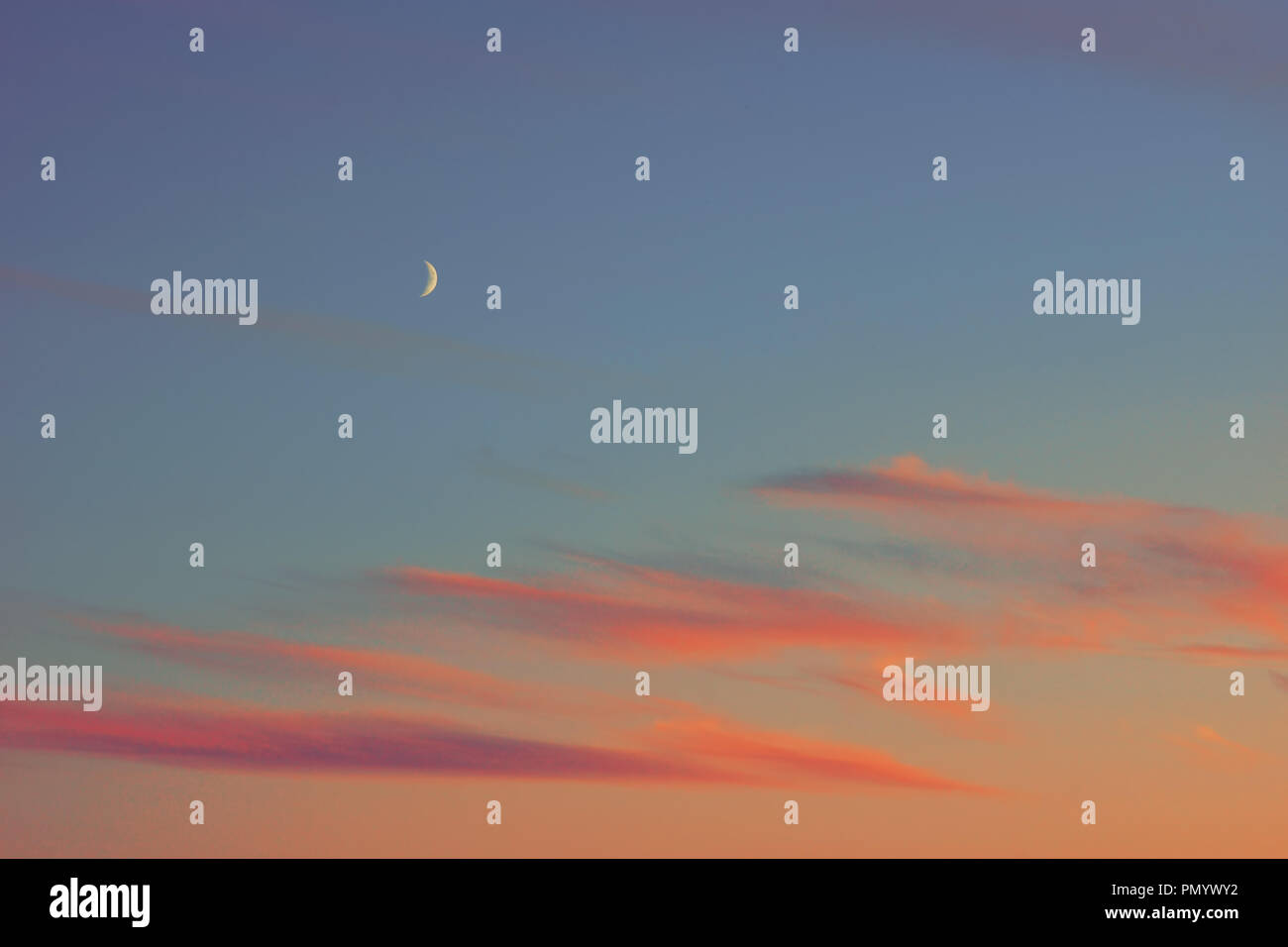 sunset half moon pink clouds. moon rising Stock Photo Alamy