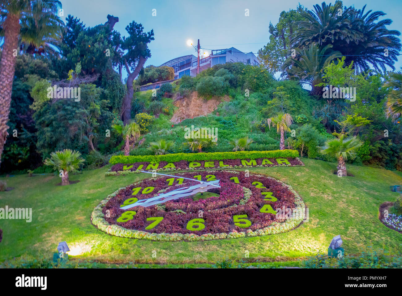VINA DEL MAR, CHILE - SEPTEMBER, 15, 2018: Outdoor view of flower clock in Vina del Mar, is one of the most populat touristic destinations in Chile Stock Photo