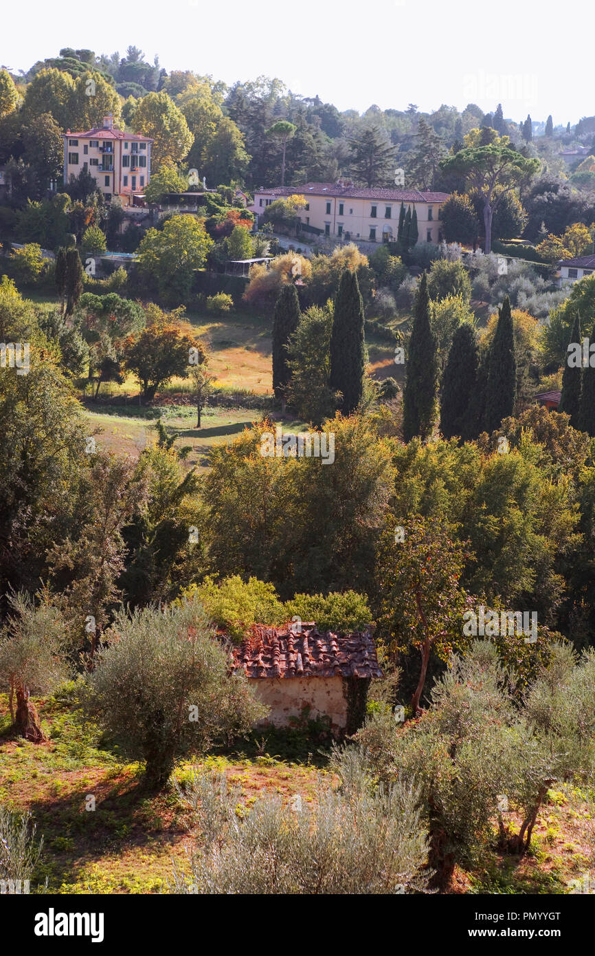 The Tuscan countryside towards Via di San Leonardo, from the Giardano del Cavaliere or Knights' Garden, Boboli Gardens, Florence, Tuscany, Italy Stock Photo