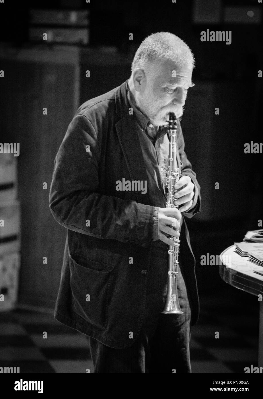 Jazz musician Peter Brötzmann playing clarient in Chicago, in 2013. Stock Photo