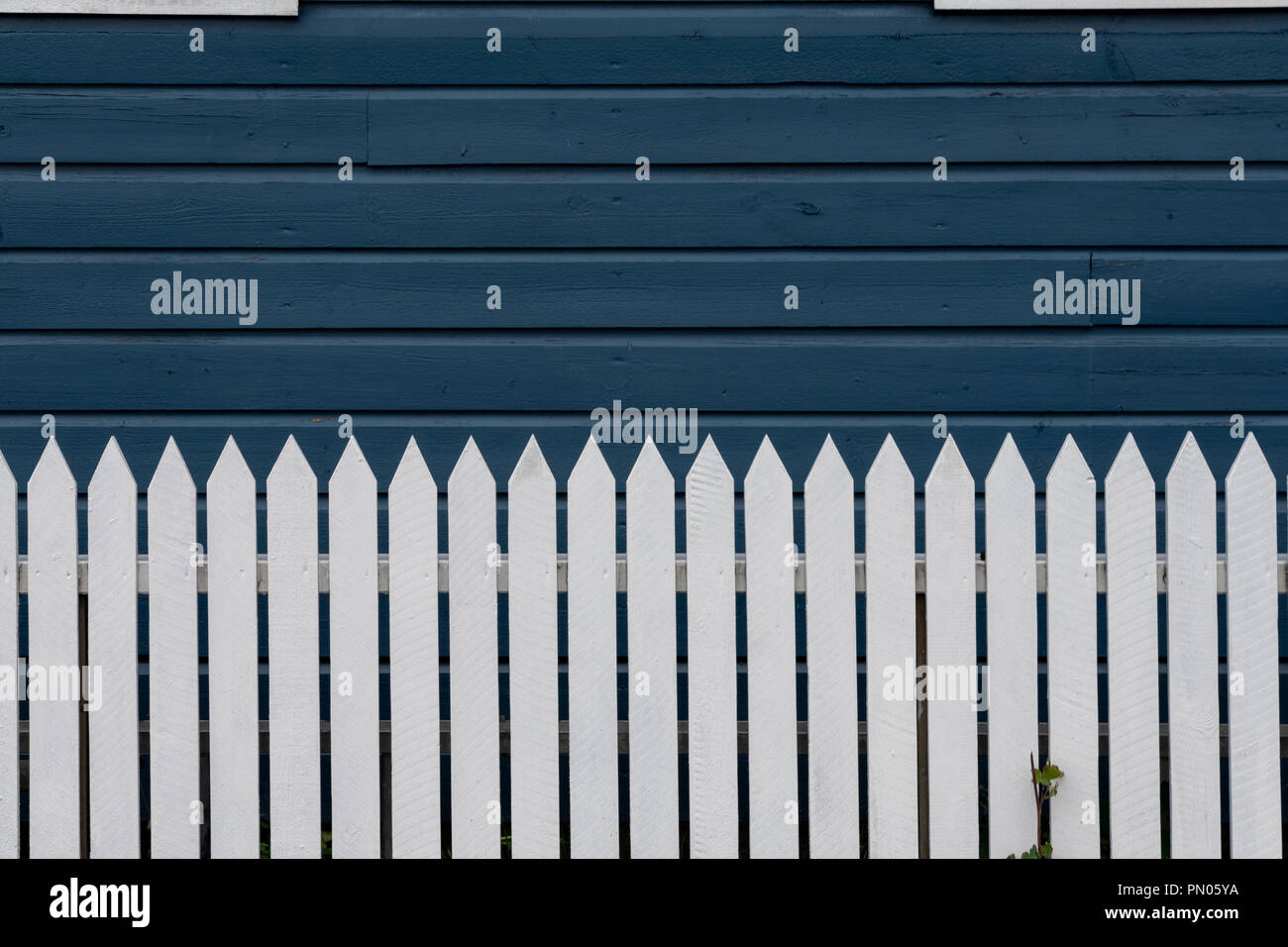 White picket fence in front of rick blue painted weather boarded house. Useful as a background image Stock Photo