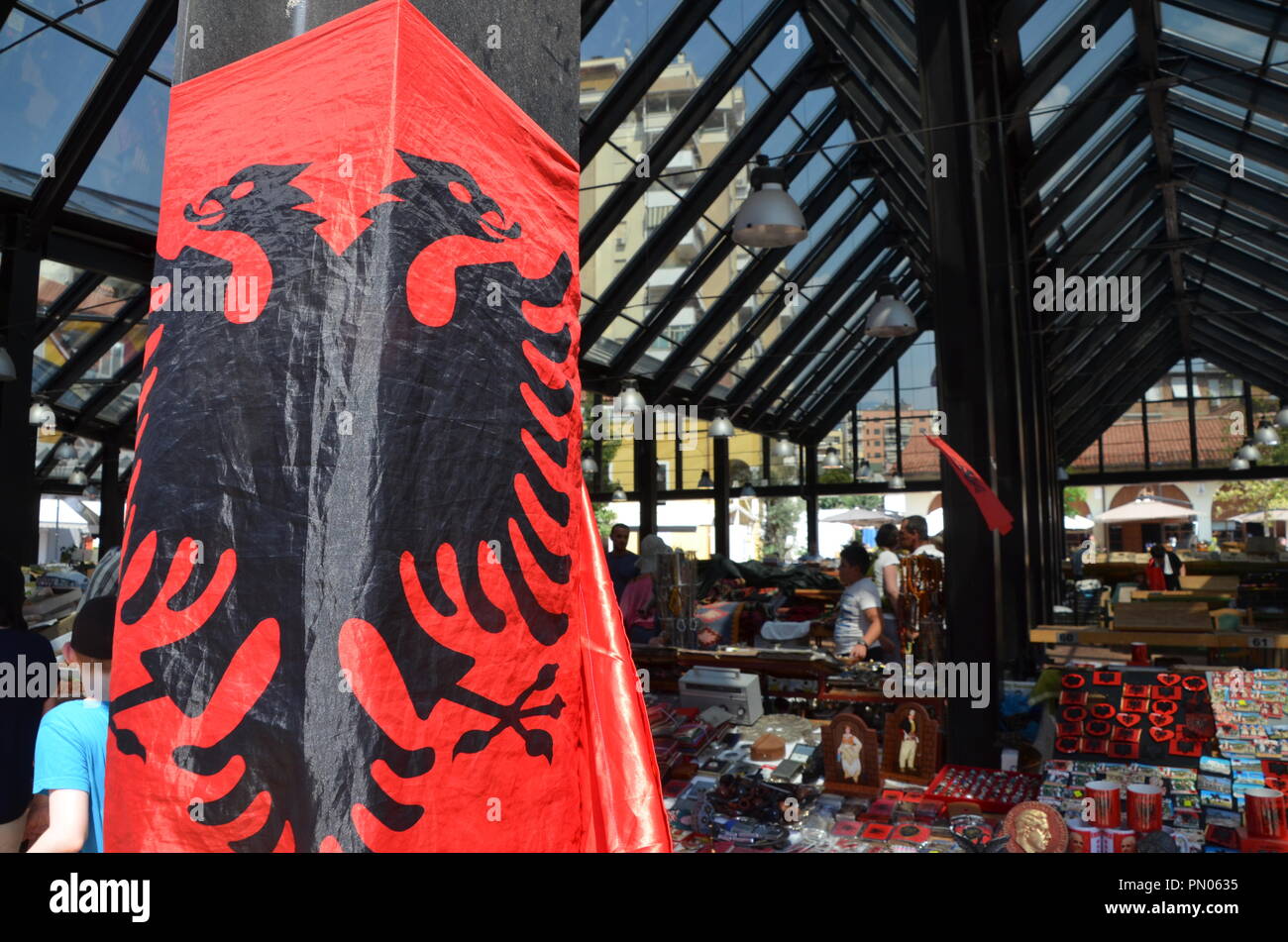 albanian flag at pizarri ri market tirana albania Stock Photo