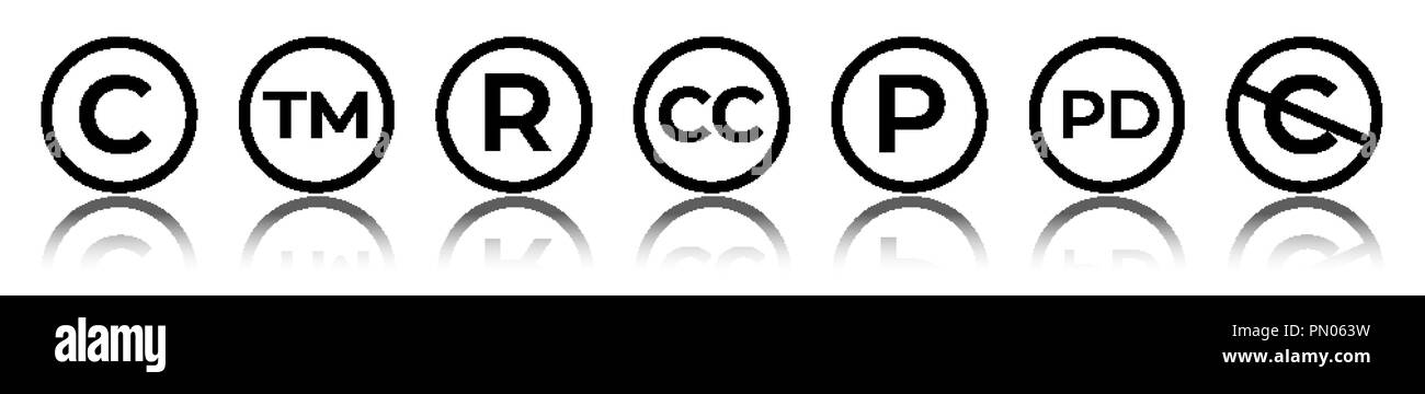 Cet of circular copyright and trademark icons. Right reserved signs Stock Vector