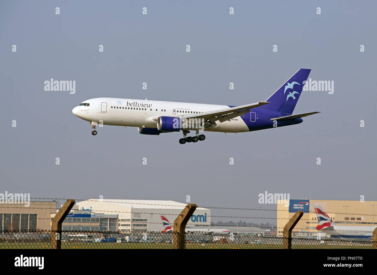 Bellview Airlines Boeing 767-241(ER) aircraft landing at London Heathrow airport. Stock Photo