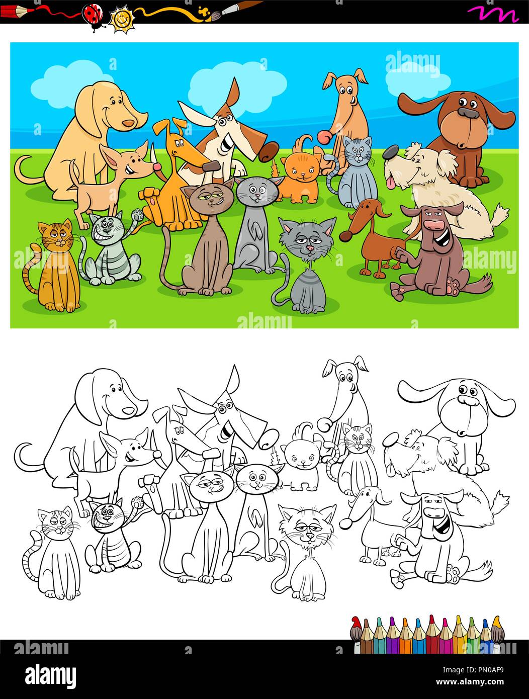 Cartoon Illustration of Cats and Dogs Animal Characters Group Coloring Book Worksheet Stock Vector