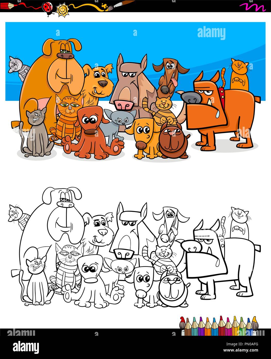 Cartoon Illustration of Dogs and Cats Animal Characters Group Coloring Book Worksheet Stock Vector