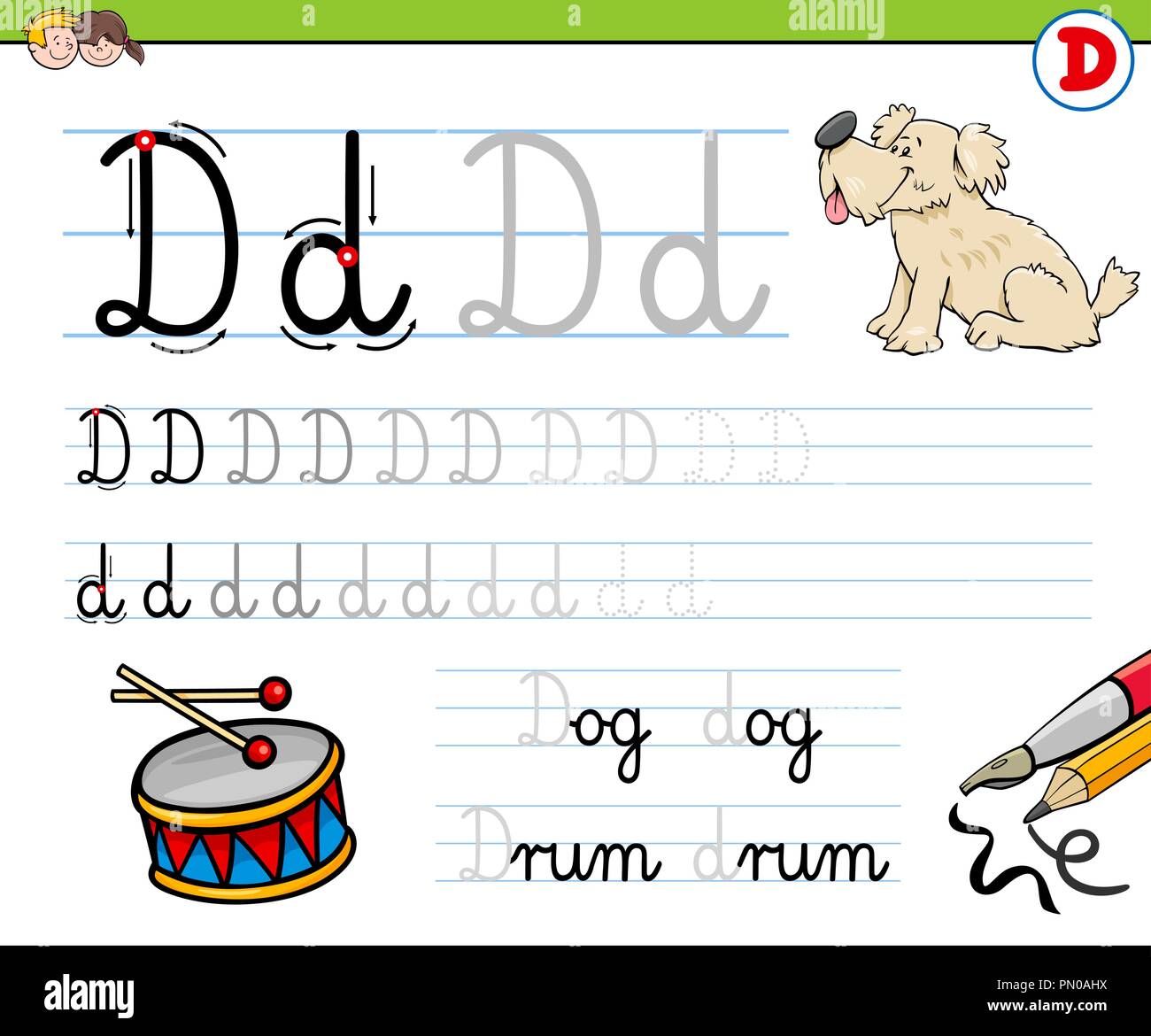 Cartoon Illustration of Writing Skills Practice with Letter D for ...