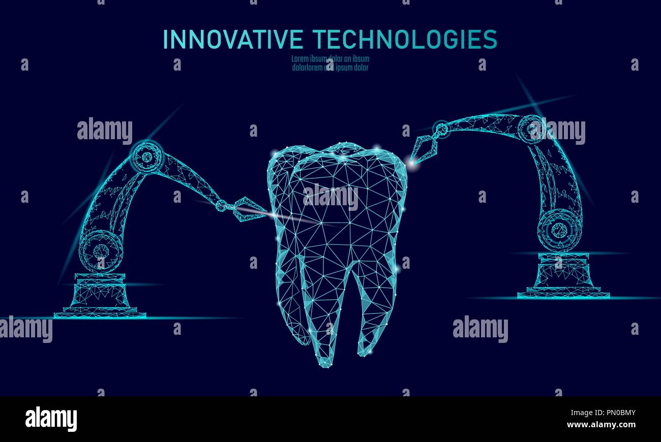 3d tooth innovation robot arm polygonal concept. Stomatology symbol low poly triangle abstract oral dental medical care business. Connected dot particle modern render blue vector illustration Stock Vector