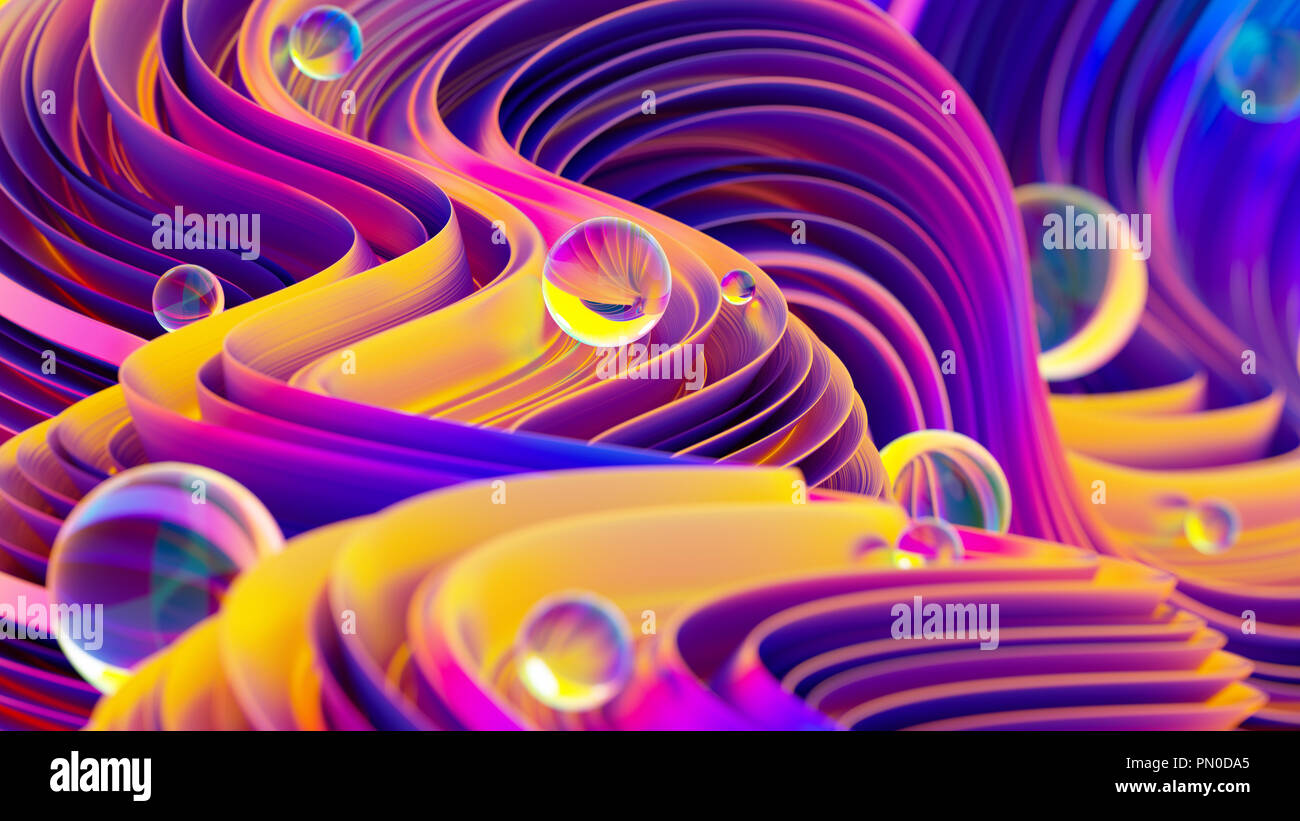 Abstract backdrop with fluid holographic glitter shapes and glossy spheres. Stock Photo