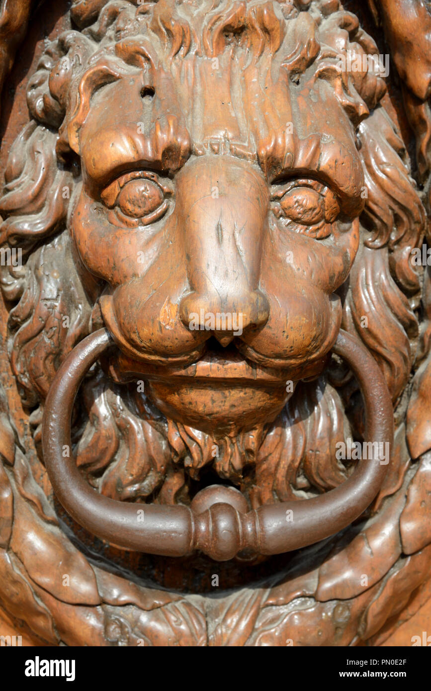 Carved Wooden Lion Head Door Knocker on the Main Entrance Door to the Town Hall or Mairie Aix-en-Provence Provence France Stock Photo