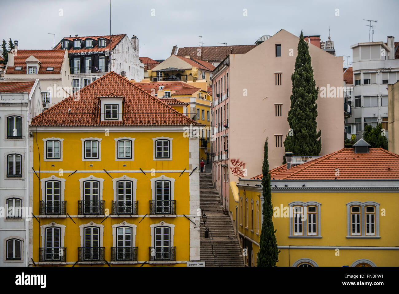 Old colorful houses and narrow streets of Lisbon, Portugal in Spring ...