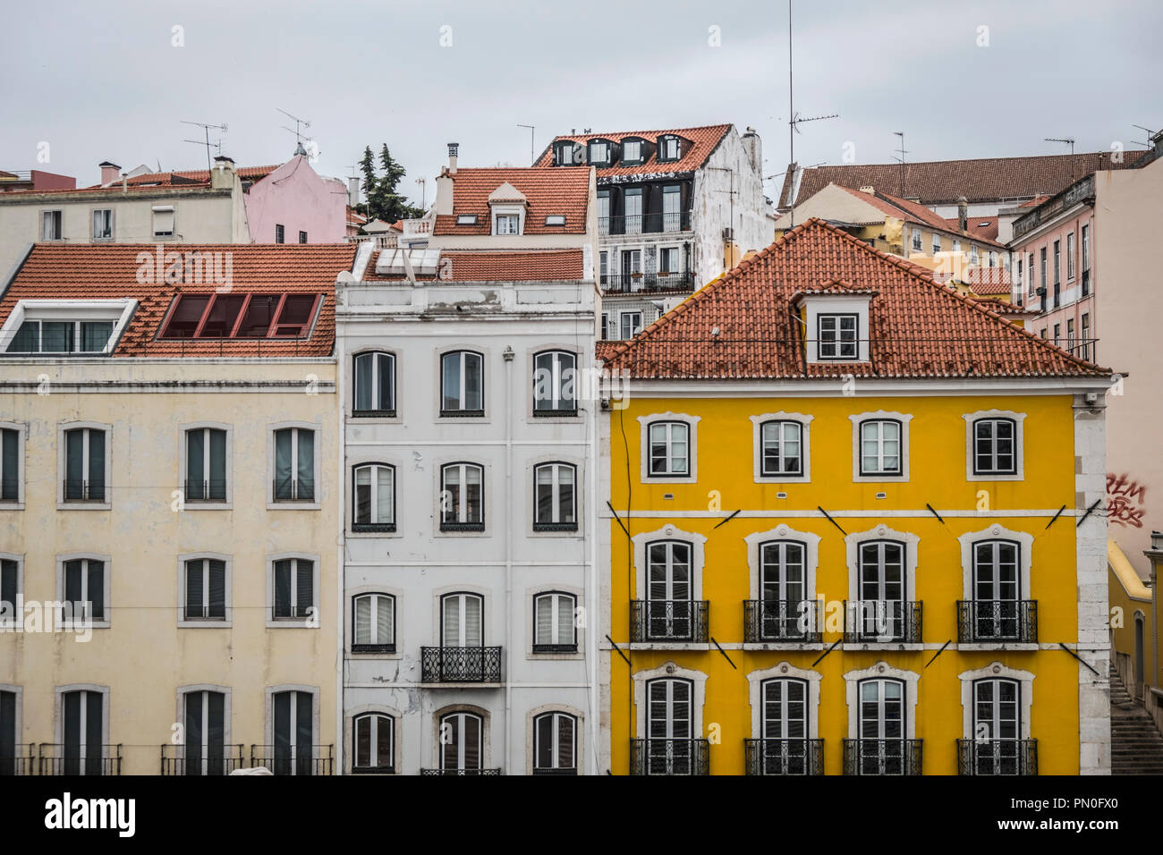 Old colorful houses and narrow streets of Lisbon, Portugal in Spring ...