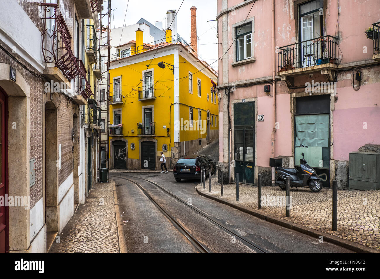 Old colorful houses and narrow streets of Lisbon, Portugal in Spring ...
