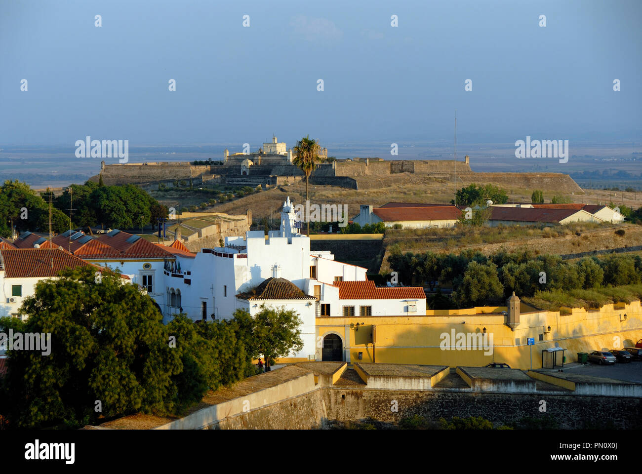The city of Elvas and his 17th century fortifications at dusk, the biggest city bulwark fortifications in the world. A UNESCO World Heritage Site. Ale Stock Photo