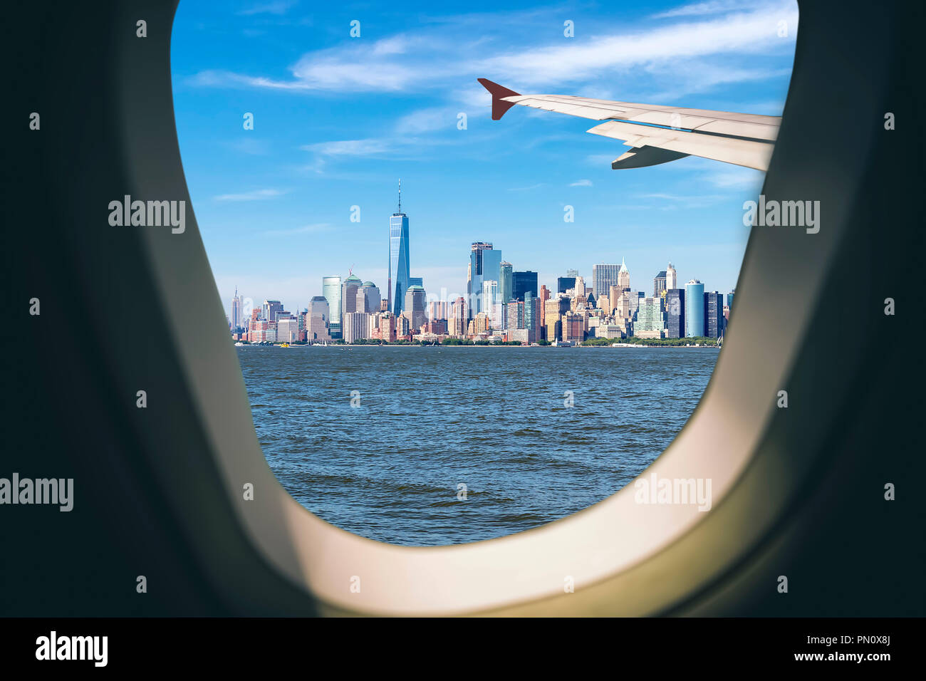 view of New York cityscape from plane window, USA Stock Photo Alamy