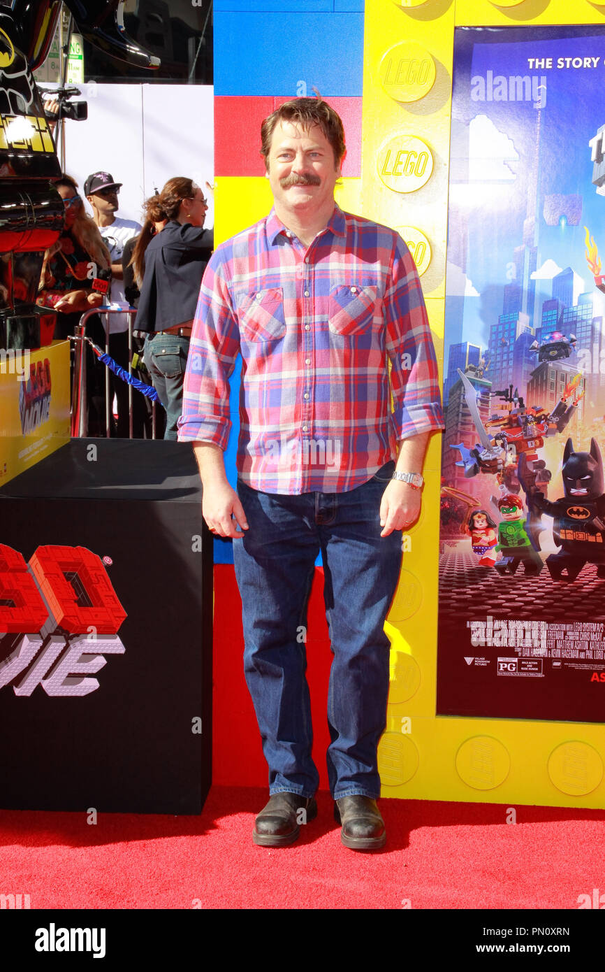 Nick Offerman at the Warner Bros. Pictures premiere of "The Lego Movie".  Arrivals held at The Regency Village Theater in Westwood, CA, February 1,  2014. Photo by Joe Martinez / PictureLux Stock Photo - Alamy