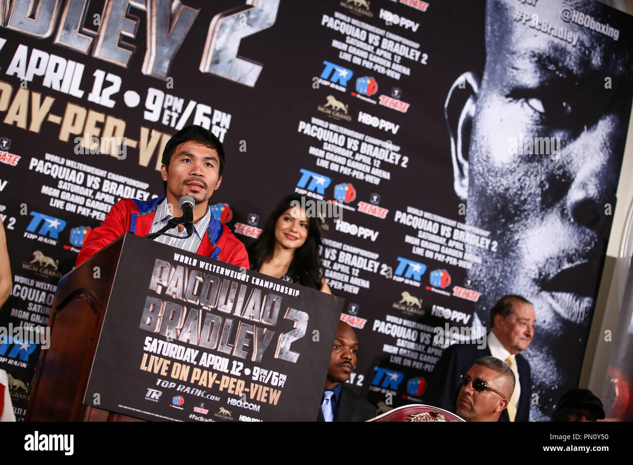 Manny Pacquiao attend a press conference ahead of the WBO welterweight championship rematch between Manny Pacquiao and Timothy Bradley at The Beverly Hills Hotel on February 4, 2014 in Beverly Hills, CA. Photo by Eden Ari / PRPP / PictureLux  File Reference # 32248 022PRPPEA  For Editorial Use Only -  All Rights Reserved Stock Photo