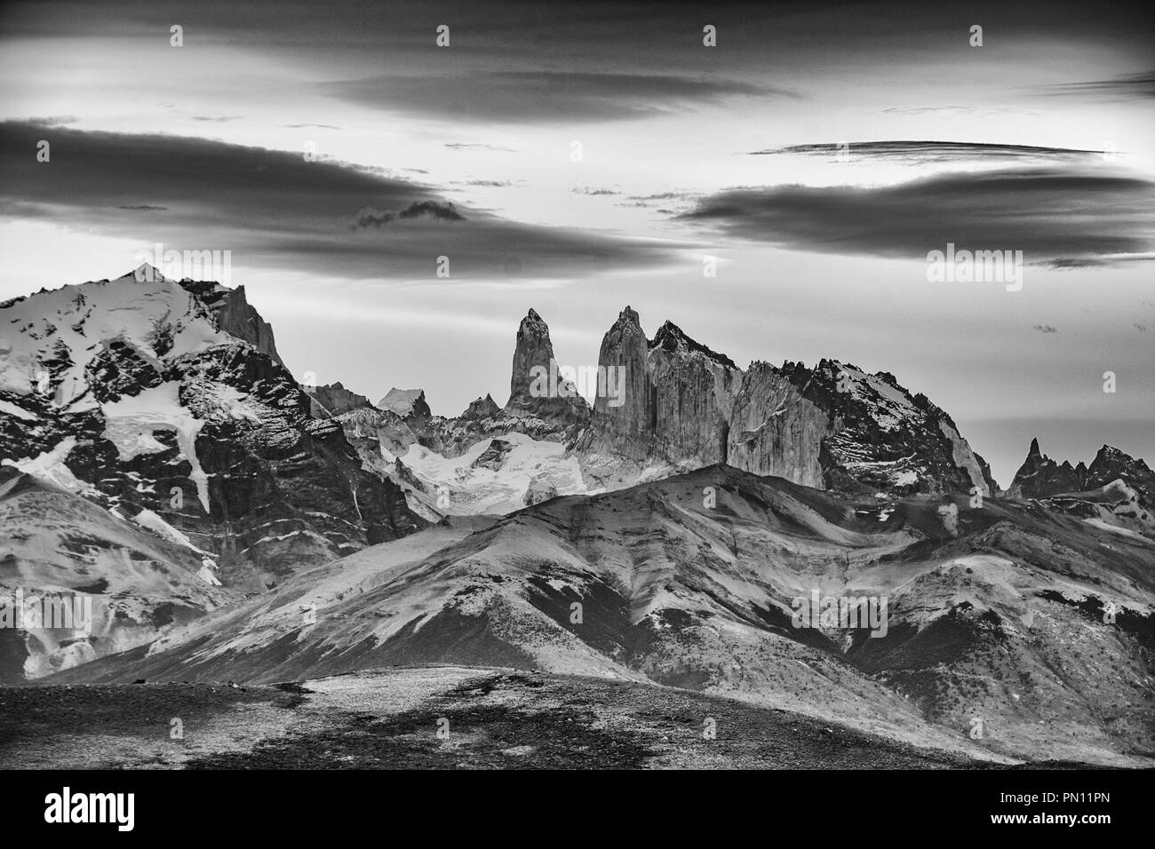 Torres del Paine, Patagonia, Chile. Monochrome image with lenticular clouds Stock Photo