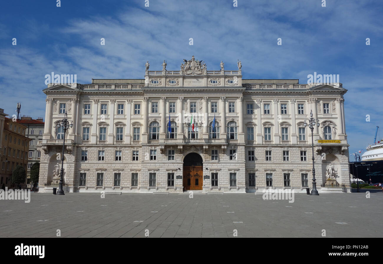 TRIESTE, ITALY - JULY 8 2018: Lloyd Triestino Palace founded as Österreichischer Lloyd  'Austrian Lloyd' in 1836, located at  Unity of Italy Square Stock Photo