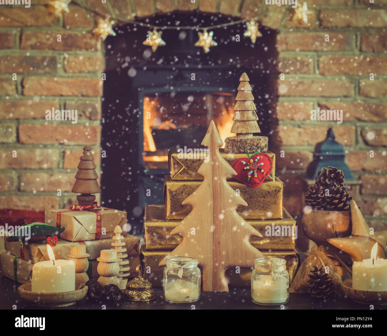 Christmas Setting Wooden Ornaments Presents And Pine Cones Tree