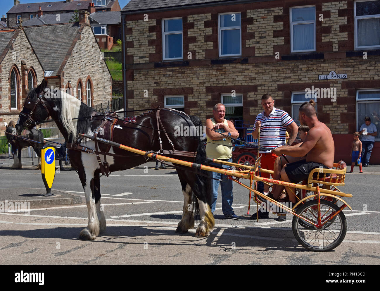 Gypsy Travellers with horse and trotting cart. Appleby Horse Fair 2018. The Sands, Appleby-in-Westmorland, Cumbria, England, United Kingdom, Europe. Stock Photo