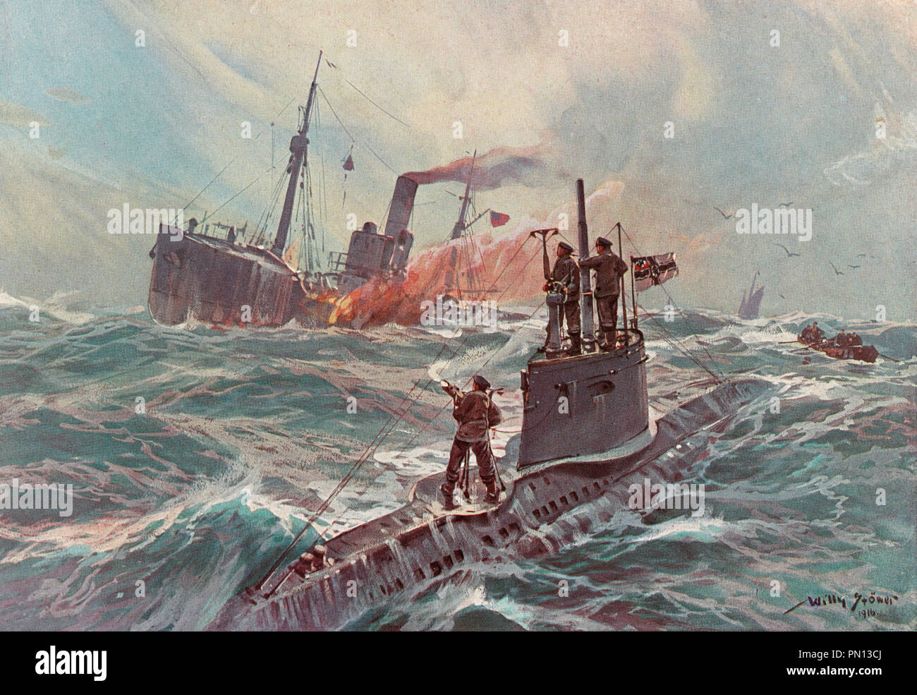 German submarine attacking an English merchant ship, illustration 1916 Stock Photo
