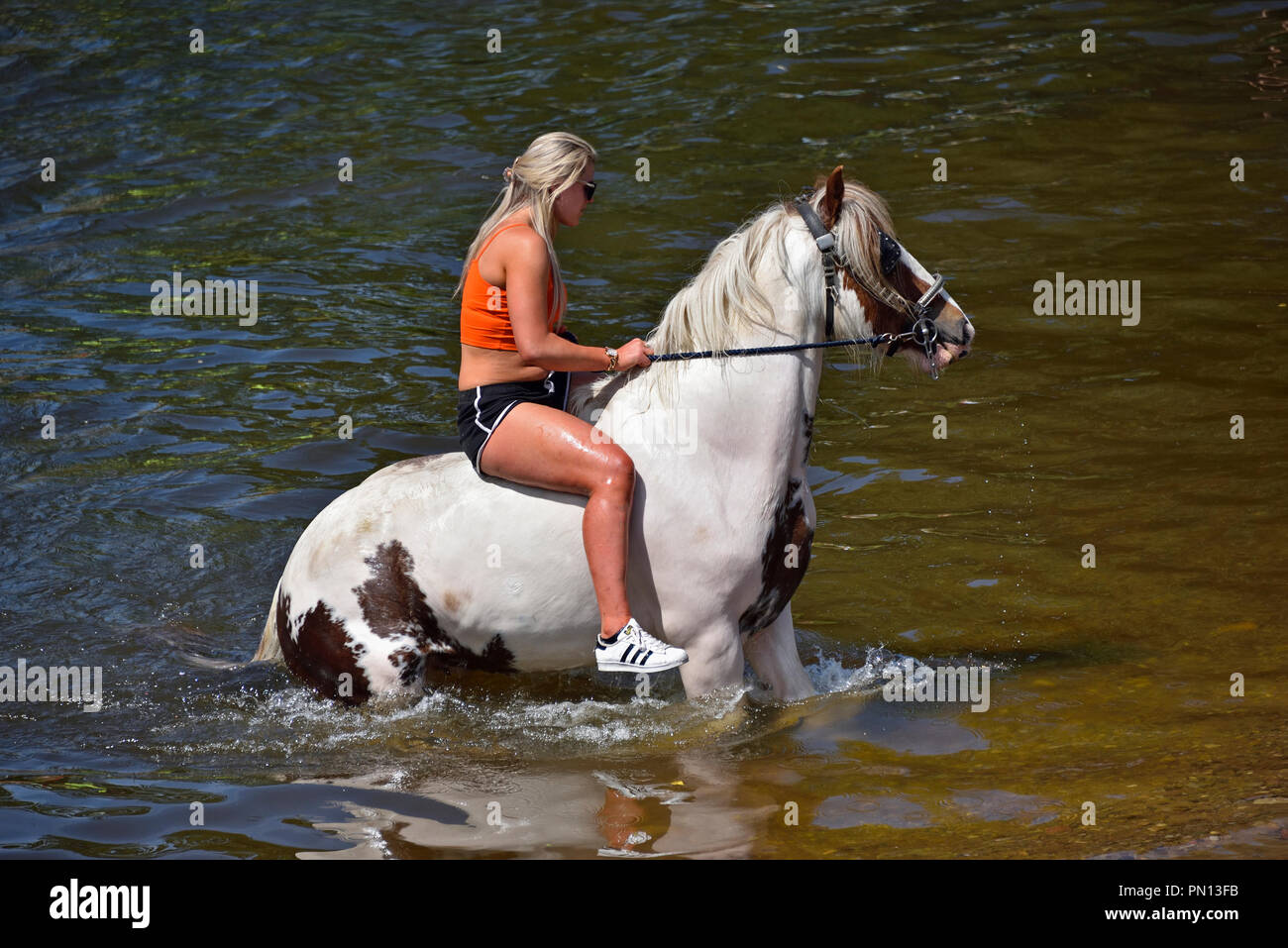 Gypsy Traveller girl riding horse in River Eden. Appleby Horse Fair 2018. Appleby-in-Westmorland, Cumbria, England, United Kingdom, Europe. Stock Photo