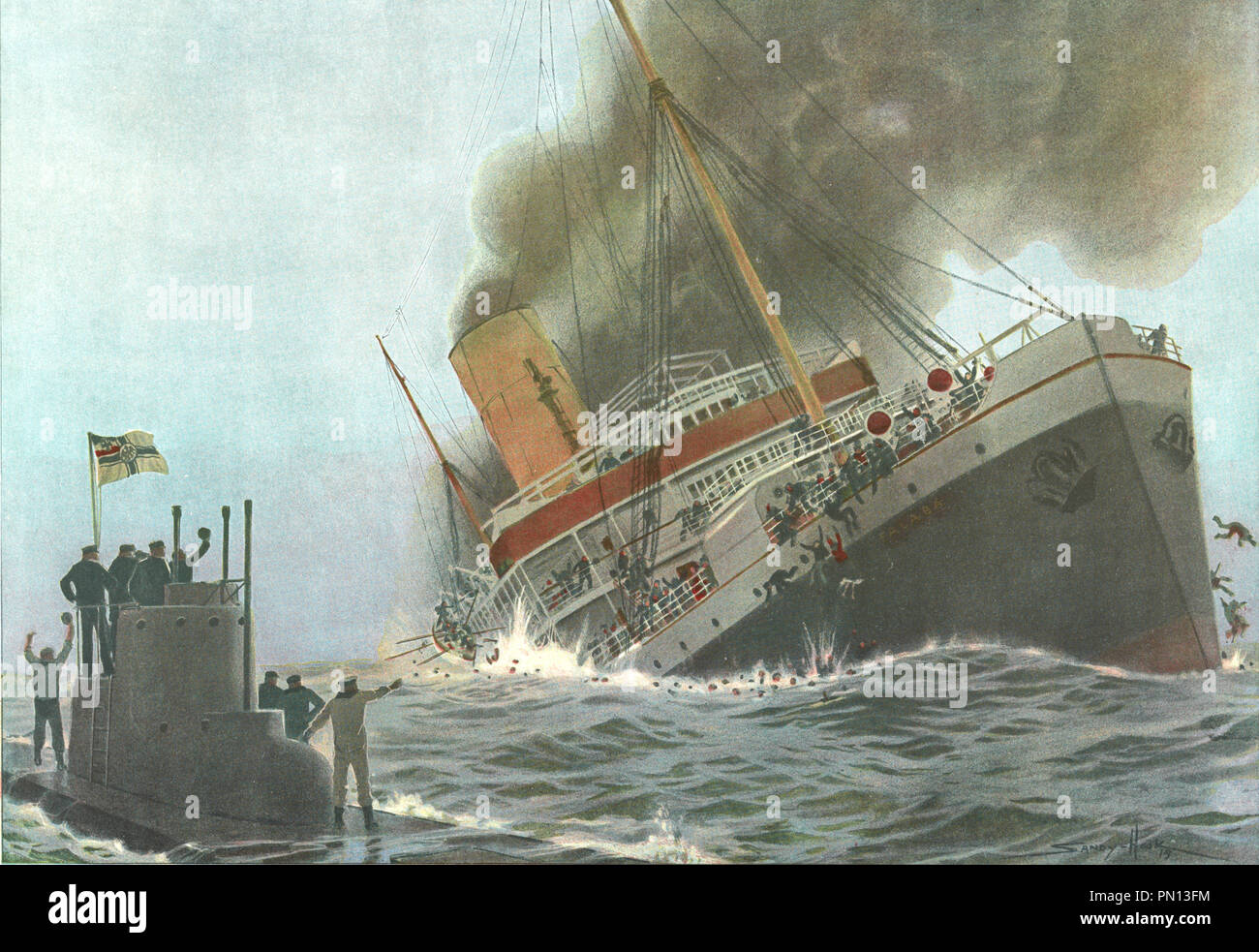 RMS Falaba sinking on March 28, 1915, British steamship RMS Falaba was torpedoed and sunk by German U-boat U-28 Stock Photo