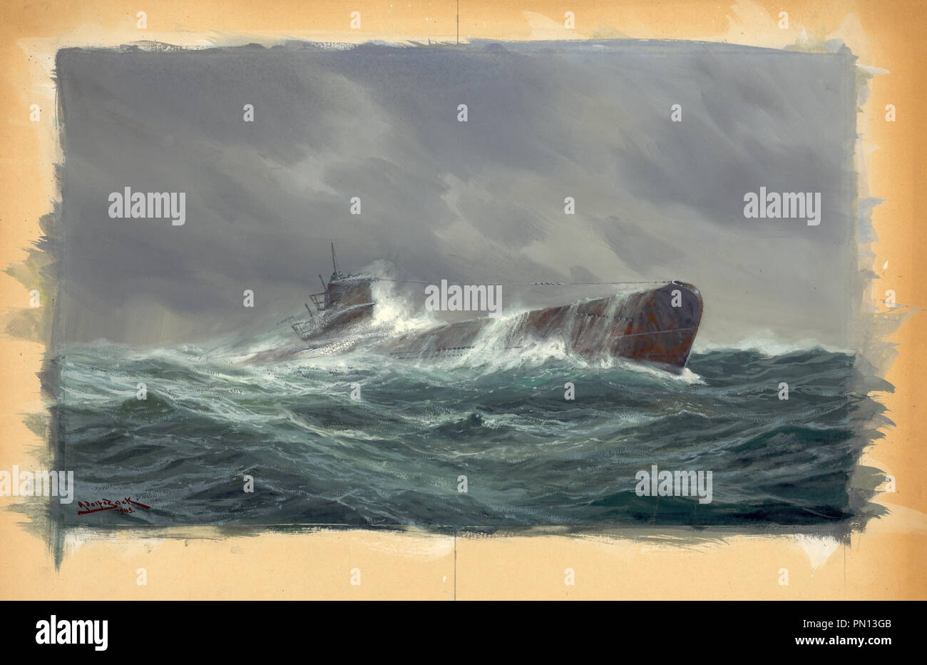 U-boat Submarine at sea. Maritime drawing shows a submarine at sea during World War II Stock Photo