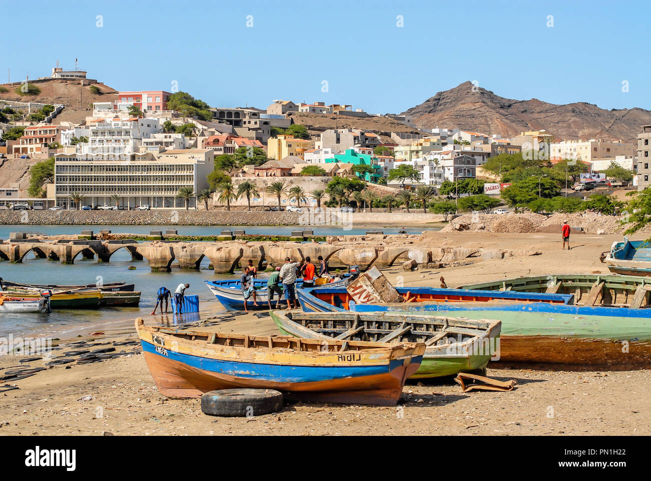 Fishing Boats in the harbour city of Mindelo the main city at Sao Vicente Island at the Cape Verde Islands Stock Photo