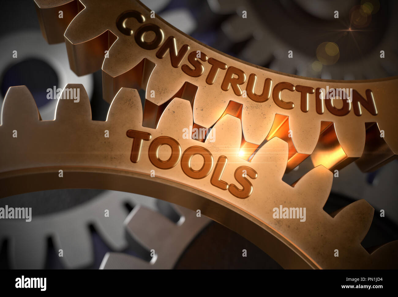 Construction Tools Concept. Golden Gears. 3D Illustration. Stock Photo