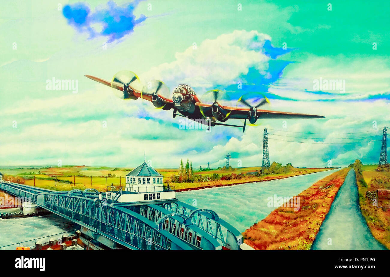 Lancaster Bomber, WW2, practice, flight, over River Nene and Sutton Bridge, Lincolnshire, prior to Dambusters Raid, Operation,  illustration Stock Photo