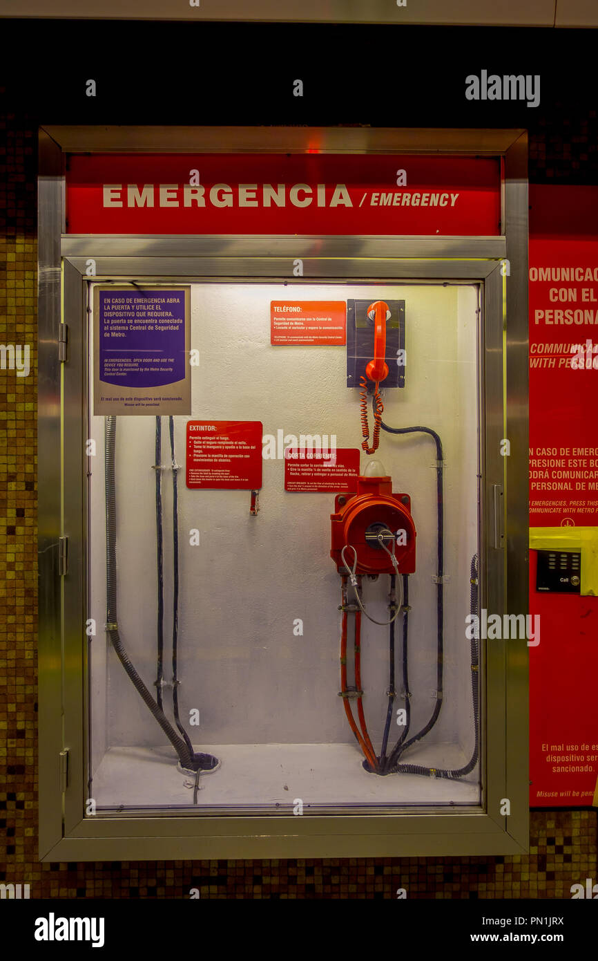 SANTIAGO, CHILE - SEPTEMBER 14, 2018: View of emergency box inside of a  glass, to break in