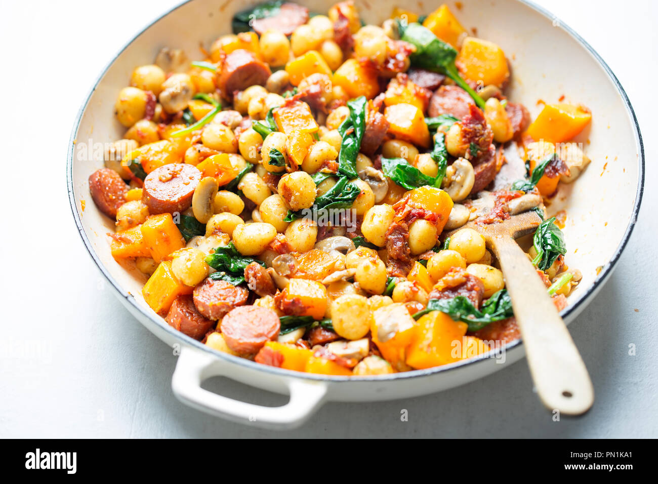 Gnocchi with chorizo, butternut, spinach, mushrooms, sun dried tomatoes