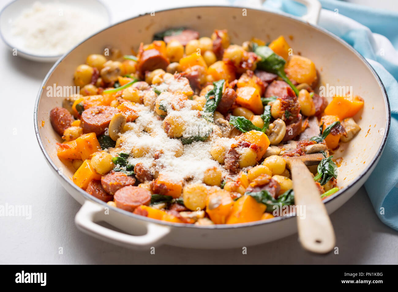 Gnocchi with chorizo, butternut, spinach, mushrooms, sun dried tomatoes