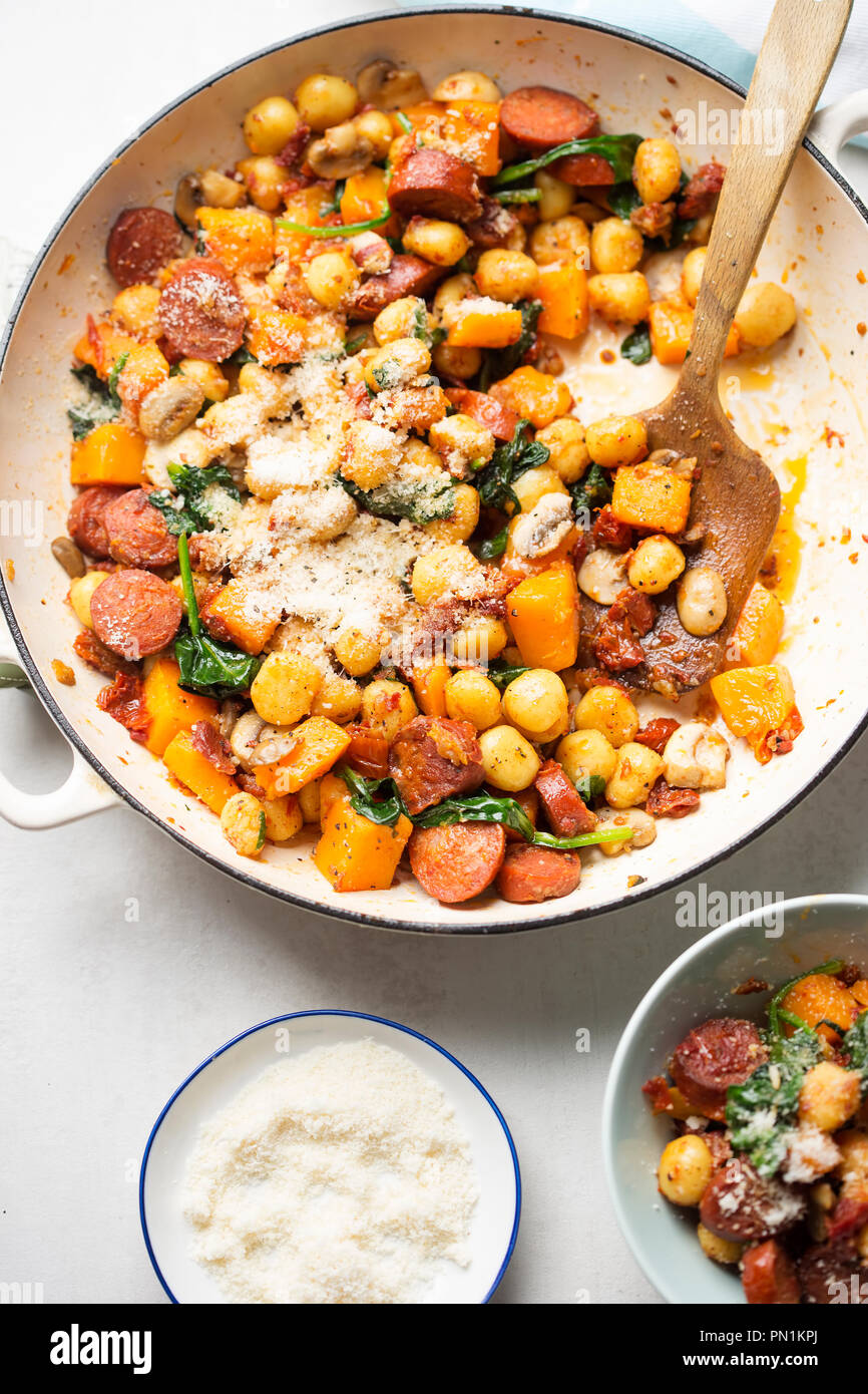 Gnocchi with chorizo, butternut, spinach, mushrooms, sun dried tomatoes