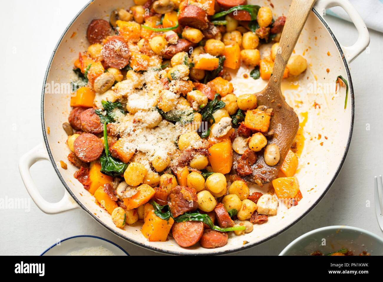 Gnocchi with chorizo, butternut, spinach, mushrooms, sun dried tomatoes