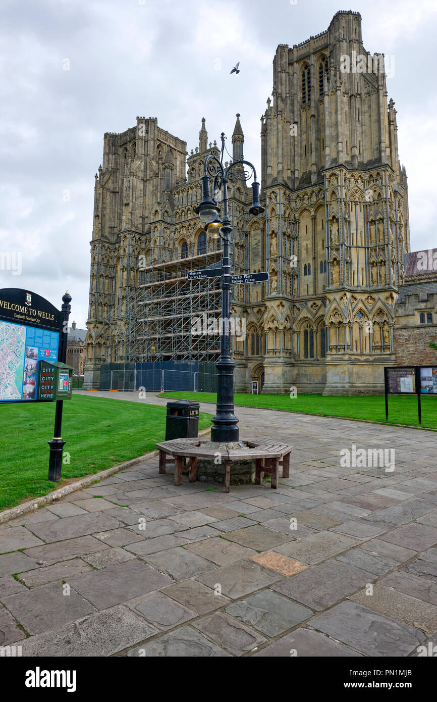 Scaffolding on the  Cathedral West Front for the inspection of Medieval statuary and surrounding masonry, in Wells, Somerset, UK Stock Photo