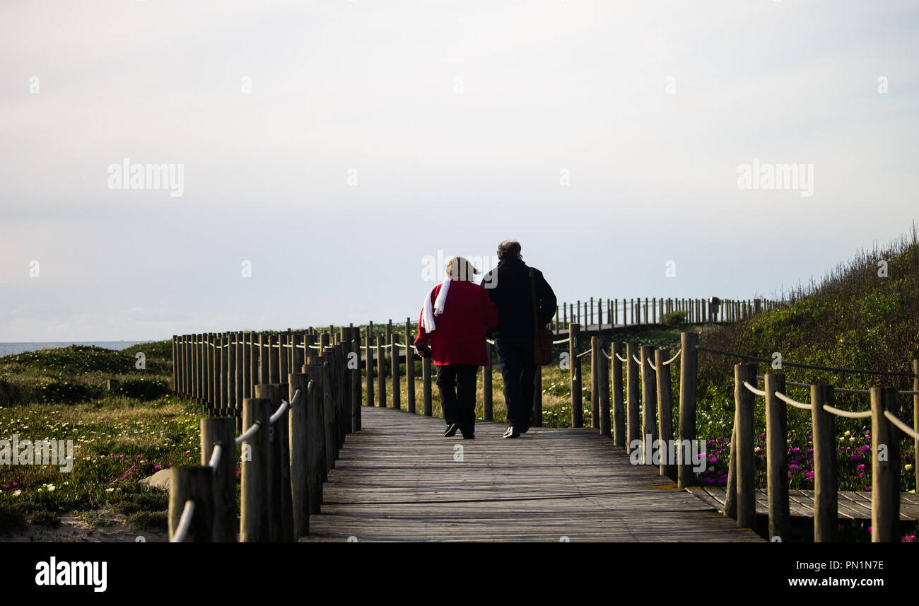 A senior couple walks on a walkway surrounded by vegetation. Stock Photo
