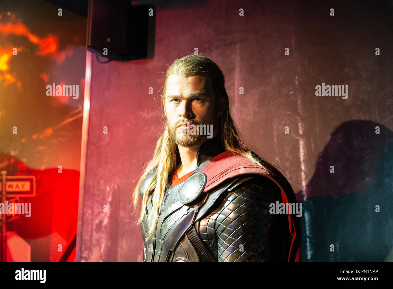 Chris Hemsworth as Thor, Marvel section, Madame Tussauds wax museum in Amsterdam, Netherlands Stock Photo