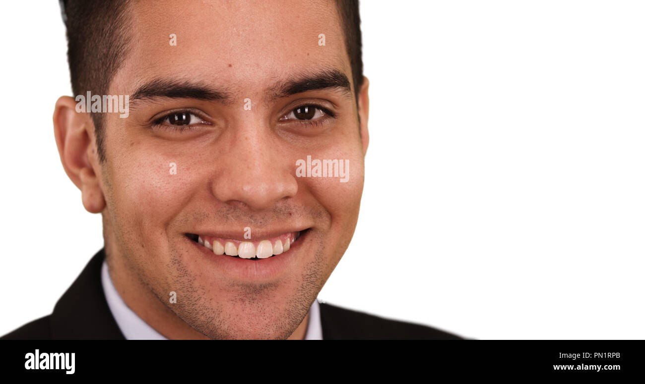 Happy smiling Hispanic business man on white background looking at ...