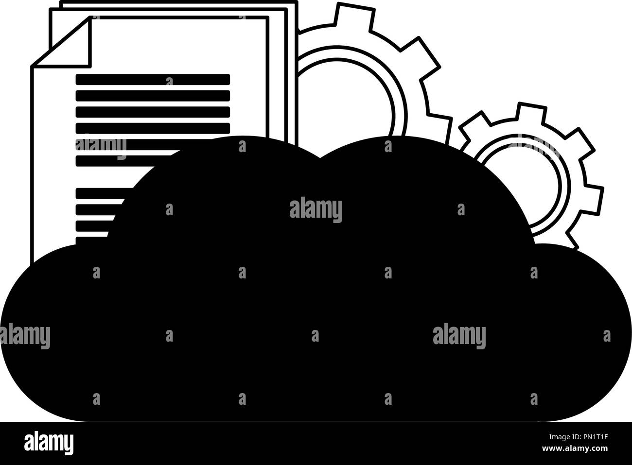 Cloud computing with gears and document in black and white Stock Vector ...
