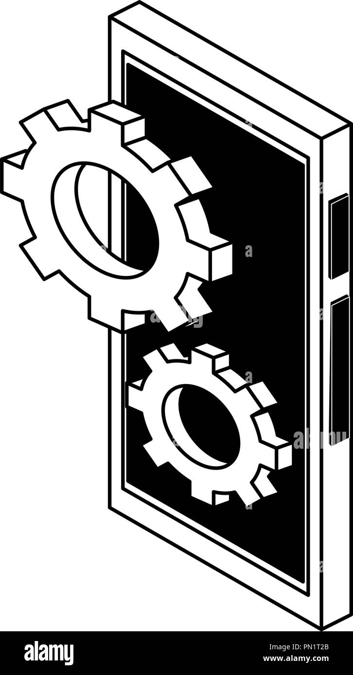 Gears on smartphone isometric symbol in black and white Stock Vector ...