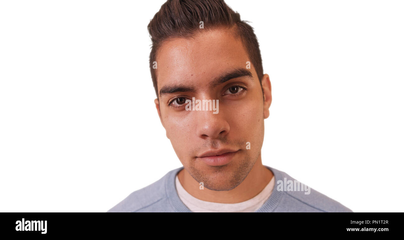 Wide angle close up portrait of Hispanic millennial with copyspace on ...